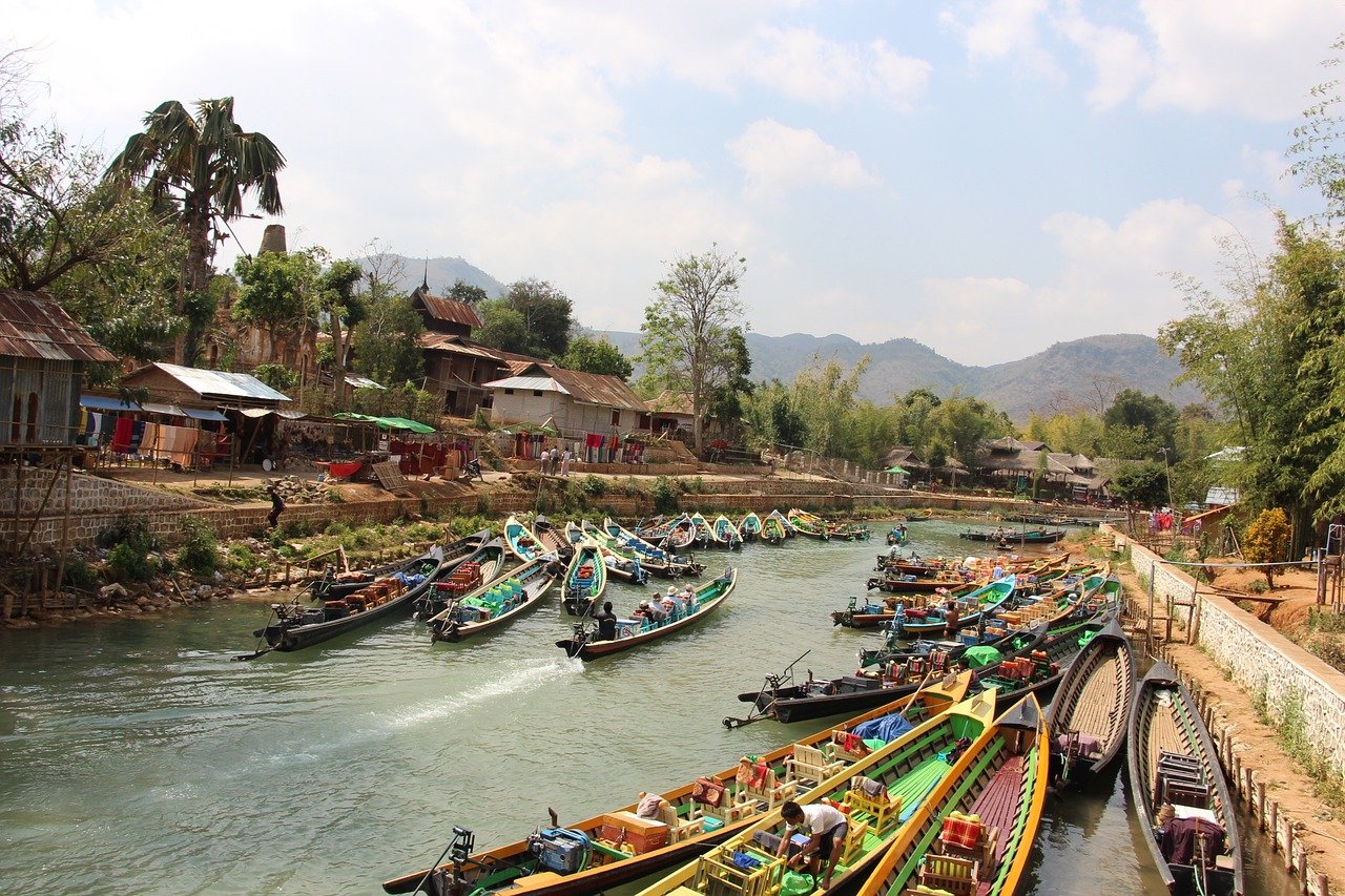 Docked boats on Inle Lake, Myanmar